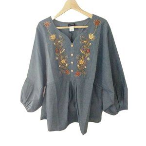 NWT ARTIZARA PUFF SLEEVES BOHO EMBROIDERED DOLLY TOP IN BLUE BOHO TUNIC